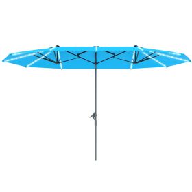 15ft Double-Sided Outdoor Umbrella With Solar Lights, Extra Large Aluminum Patio Umbrella With Crank, Blue