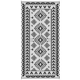 Reversible Outdoor Rug, Waterproof Plastic Straw With Carry Bag, 9 X 18, Black & White Rhombus Patchwork