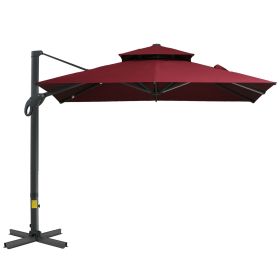 Outsunny 10x10ft Cantilever Umbrella: 360° Rotating Wine Red Double-Top Aluminum Shade