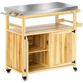 Outsunny Outdoor Grill Cart w/ Stainless Steel Top, Solid Wood Outdoor Kitchen Island w/ Wheels, Storage Cabinets, Natural Wood