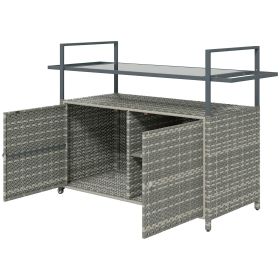 Outsunny 2-Tier Shelf PE Rattan Outdoor Bar Table, Glass Top Outdoor Serving Cart with Cabinet, Mixed Gray