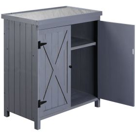 Outsunny Patio Storage Cabinet, with Galvanized Top and Shelves, Rust Proof, Double-door with Handle, Elevated Feet, for Yard Tool, Grey