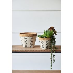 Set of 2 White and Brown Cement Planters with V Pattern, L:D10x8" S:D8x6.5"