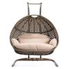 2 Person Swing Chair Wicker Hanging Double-Seat Swing Chair with Stand w/Beige Cushion