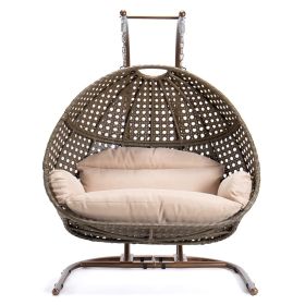 2 Person Swing Chair Wicker Hanging Double-Seat Swing Chair with Stand w/Beige Cushion