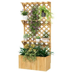 Raised Garden Bed, Wooden Planter with Trellis, Hanging Roof, Plant Shelf, Drainage Holes and Bed Liner, Natural