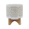8" CHEVRON PLANTER W/ WOOD STAND, BEIGE