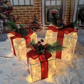 Christmas Decorations Indoor, Set Of 3 Christmas Lighted Gift Boxes 60 LED Light Up Xmas Present Ornament For Tree Indoor Outdoor Yard Holiday Do (Option: red)