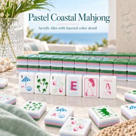 Acrylic American Mahjong Tile Set, Coastal Portrait Design, Green Marbled Backs With Pink And Blue Layers (Option: Coastal Portrait-Acrylic-160)