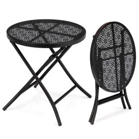 Folding Small Outdoor Side Tables, Anti Rust Small Patio Table Round Metal Nightstand With Flower Cutouts For Porch Yard Balcony Deck Lawn (Option: Black)