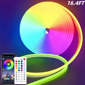 RGB Neon LED Strip Lights, 16.4Ft Led Neon Rope Lights With App Remote Control, Music Sync,Waterproof, Flexible DIY Lights Design For Bedroom, Li (Option: 164FT)