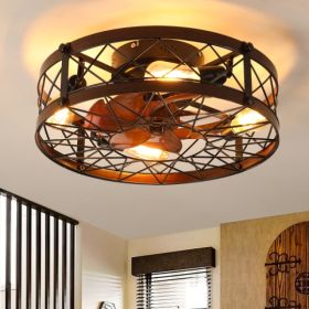 Cage Ceiling Fan With Light, Black, Recessed Ceiling Fan Light, Farmhouse Small Ceiling Fan With Light Fixture, Bedroom Reversible Fan - E26 Bulb (Option: Black)