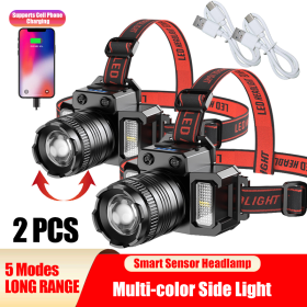 LED Telescopic Headlamp Head Torch USB Rechargeable Motion Sensor Headlight Zoomable 5 Modes Emergency Power Bank For Camping (Option: 2Pcs)