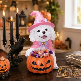 Not For Sale On Wayfair--- Halloween White Teddy Puppy Figurine, Witch Dog Holding Pumpkin Candy Bowl Decoration (Option: Orange-Red,White+Pink)