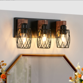 18inch Industrial Vintage 3-Light Wall Sconce - Black Cage Wall Lighting Fixture With Wooden Accents For Bathroom, Hallway, Or Living Room Bulb N (Option: Walnut and black)