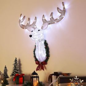 Lighted Christmas Wall Decor Reindeer Head, 28 INCH Pre Lit 3D Rudolph Hanging Wreath With Battery Operated, 8 Modes Timer, Light Up For (Option: White)