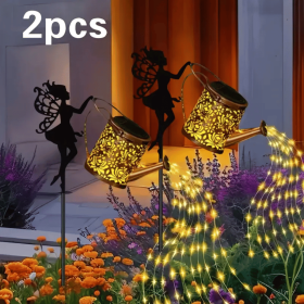 Outdoor Solar Watering Can with Lights Garden Decor Large Solar Powered Lanterns Hanging Waterproof LED Decorative Retro Metal Kettle String Lights fo (Color: Warm 2 PCS)