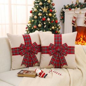 2 Pcs Christmas Pillow Covers With 3D Red Plaid Bow (Option: Multi)