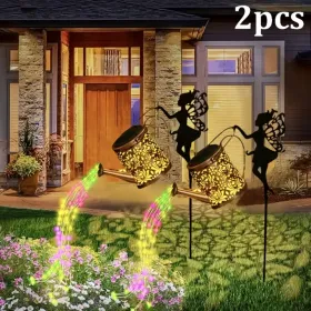 Ouddy Decor Fairy Garden Decor With Solar Watering Can, Metal Statues With Hanging Lanterns Waterfall Lights Silhouette Waterproof For Lawn Pathw (Option: RGBlight2PCS)
