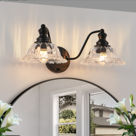 20 Inch 2-Light Vintage Bathroom Wall Sconce - Elegant Black Metal And Glass Lampshade Vanity Light Fixture For Bathroom, Hallway, Or Bedroom Bul (Option: Black)